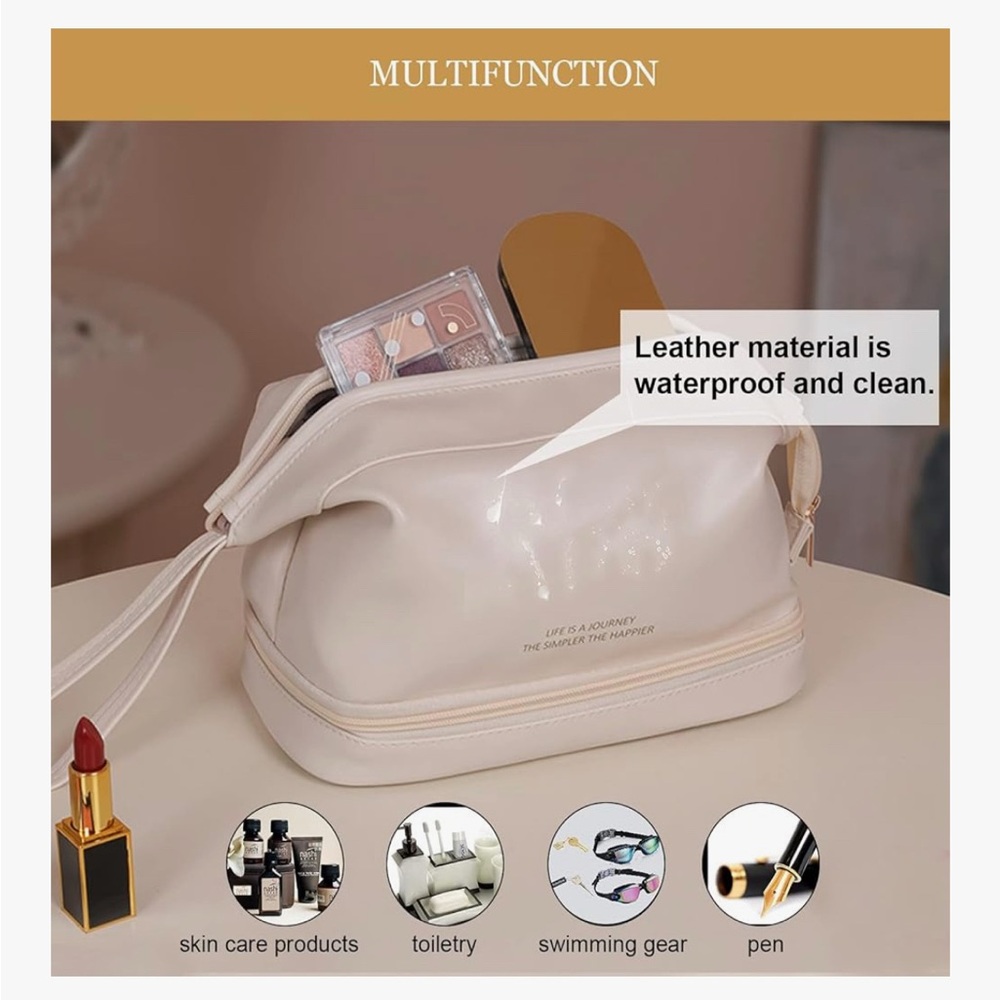 Beige Women's Cosmetic Bag with Dual Compartments and Wrist Strap - Picture 5 of 6
